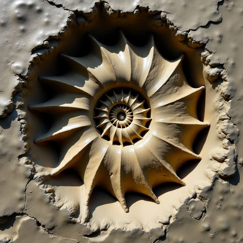 A central spiral of radiating, pointed ridges emerges from a deep circular cavity within a textured, tan surface. The composition features monochromatic earth tones and a matte finish, with sharp shadows defining the rhythmic, starburst-like geometry. Light hits the raised edges from the side, creating high contrast between the smooth peaks and the craggy, uneven surrounding material.