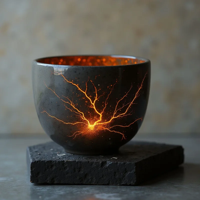 A dark, matte-textured bowl sits atop a rough, charcoal-colored stone slab against a soft, mottled beige background. Glowing orange veins resembling lightning or cracked magma branch out from a central bright point on the bowl's surface, casting a warm light that illuminates its interior. The composition features rounded and rectangular shapes centered in a shallow spatial arrangement with a narrow depth of field.