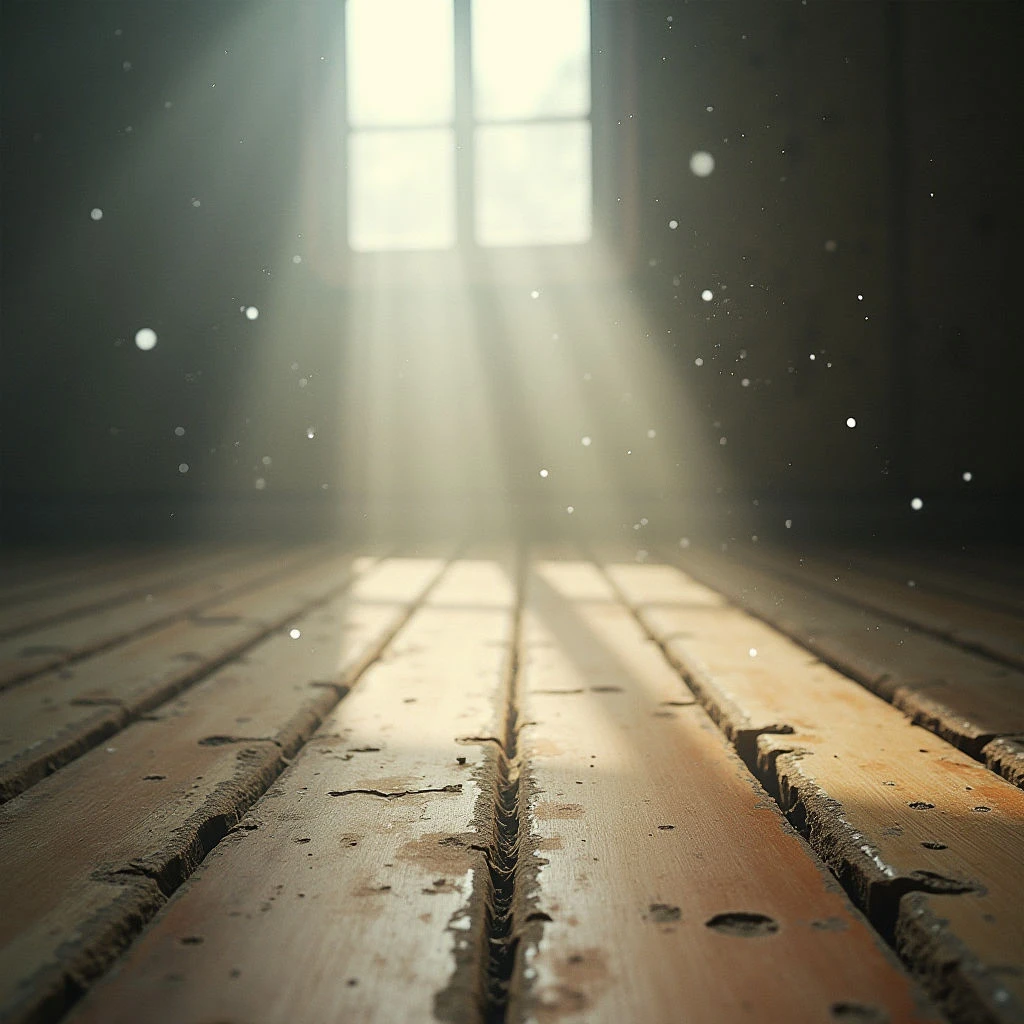 Dust motes dance in a beam of light streaming from a window into an otherwise dark room. The floor is made of worn wooden planks, converging towards the bright opening. It feels empty and still, with a sense of age and quiet solitude.