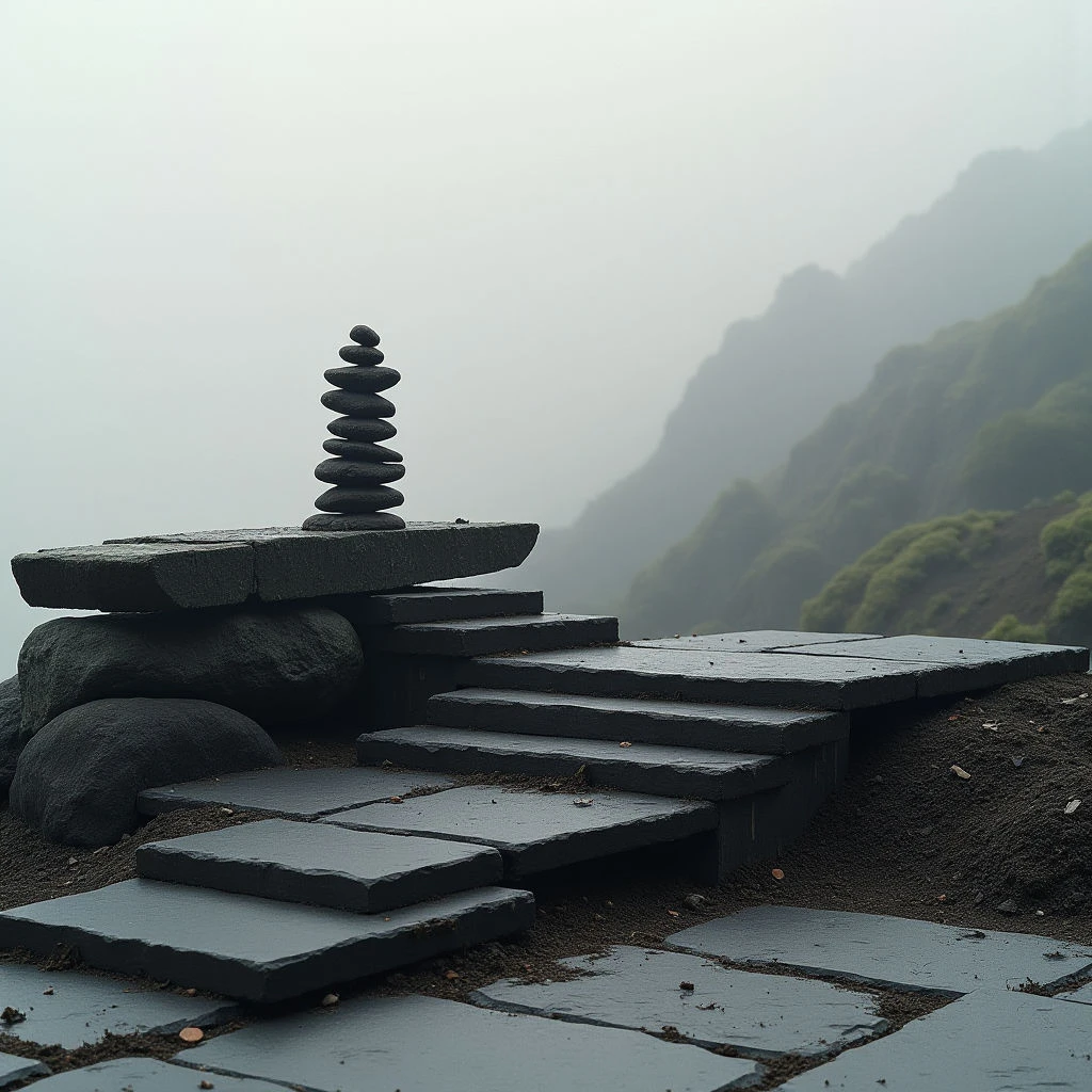 The scene is dominated by cool gray tones with subtle variations in shade across stone structures and a misty background. Rough, natural textures are present on the stacked stones forming a cairn and the angular paving slabs leading towards blurred hillsides. Light is diffused and even, creating soft shadows and diminishing contrast as depth increases into the foggy distance, while shapes are primarily geometric—rectangles and rounded forms—with the cairn serving as a central vertical element.