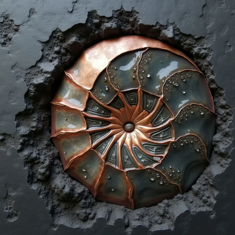 A circular, coiled nautilus shell with a metallic copper and dark grey finish is embedded within a rough, charcoal-colored crater. The shell features smooth, undulating surfaces accented by glistening droplets of liquid, contrasting against the jagged, matte texture of the surrounding stone. Light reflects off the polished curves and water beads, creating highlights that define the spiral shape and its depth within the indentation.