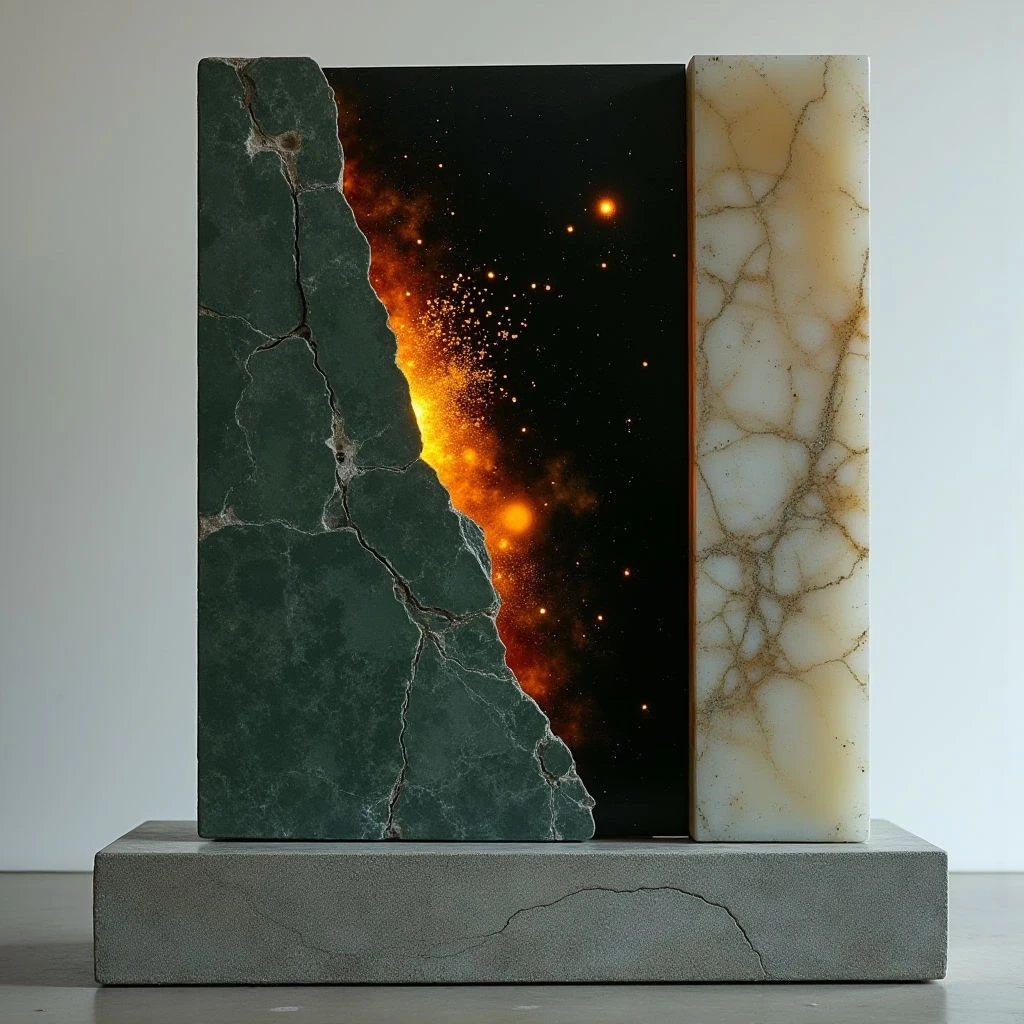 The image depicts a rectangular form composed of three distinct sections resting on a grey base. The left section is a dark green with a rough, cracked texture, contrasting with a central area of deep black speckled with bright orange and yellow light particles that appear to emanate from within. To the right, a translucent white material with branching vein-like patterns glows softly, creating a sense of depth as it appears to be backlit.