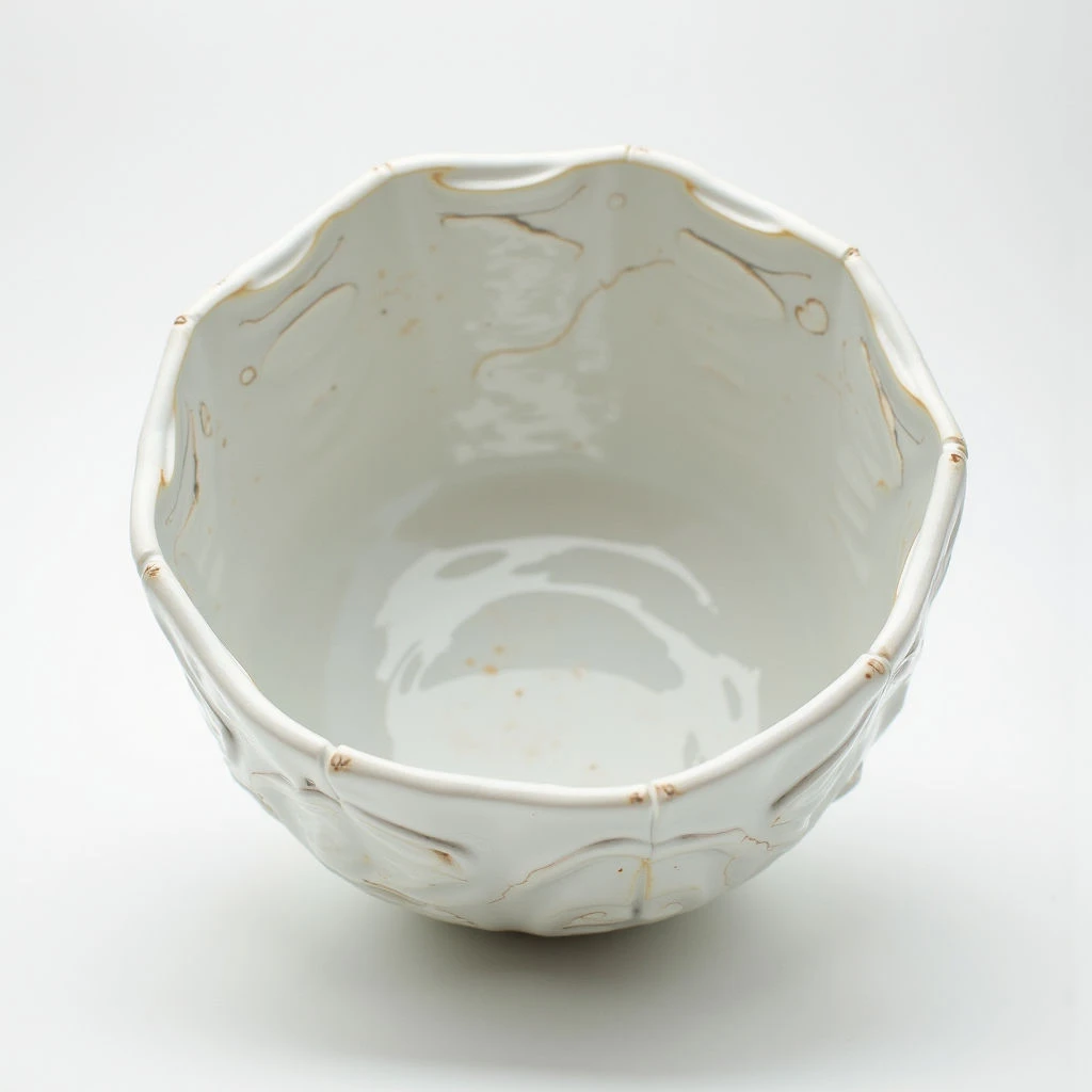 A roughly polygonal, off-white ceramic bowl sits against a pale background. The exterior of the bowl is textured with raised, organic shapes resembling branches or roots and has subtle golden markings. Its interior is smooth and glossy, reflecting light in swirling patterns.