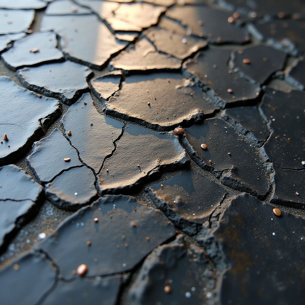 The image features a dark, fractured surface with a range of gray and black tones, highlighted by warm golden reflections. A network of irregular polygonal shapes defines the cracked texture, interspersed with small, rounded objects scattered across the plane. Light appears to originate from an upper angle, creating shadows within the crevices and emphasizing the depth of the fissures.