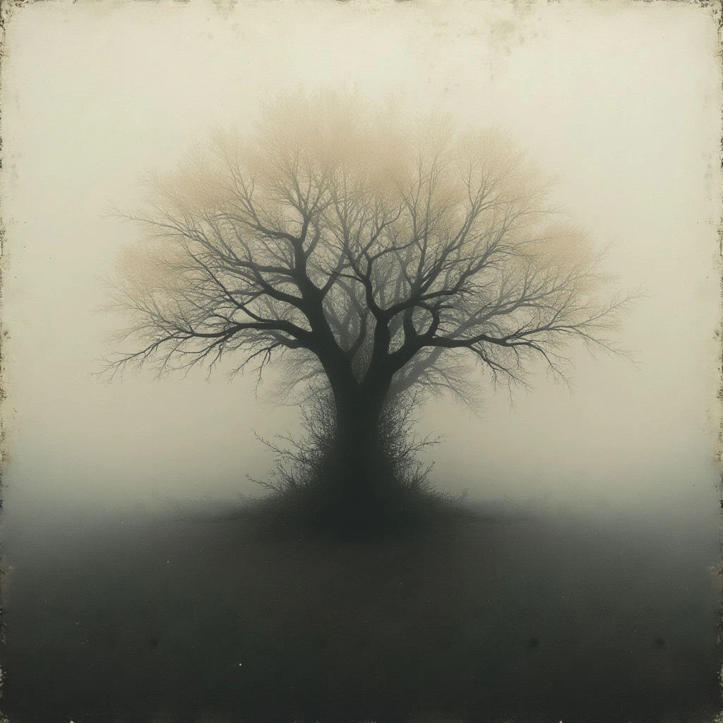 A solitary, bare tree stands starkly against a pale, hazy background. The tree's dark branches reach upwards like skeletal fingers, contrasting with the soft glow emanating from behind it. A shadowy patch of ground surrounds the base of the tree, dissolving into the mist.