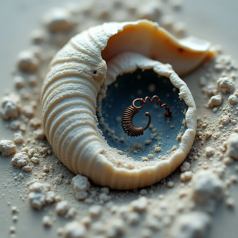 A cream-colored, ribbed seashell rests amidst scattered beige granules and small, irregular stones. Inside the smooth, dark interior of the shell lies a coiled, metallic copper wire with a spiral shape. Soft light illuminates the textured ridges of the shell while casting gentle shadows across the granular surface.
