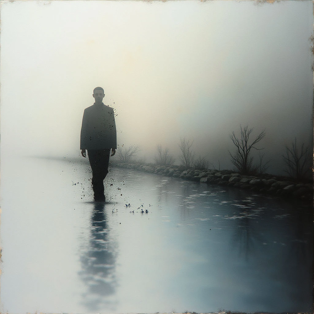 A lone figure walks through shallow water, their reflection mirroring perfectly on the still surface. Thick fog obscures everything beyond a short distance, creating an isolating and dreamlike atmosphere. Bare trees line the distant bank, adding to the sense of quiet solitude.