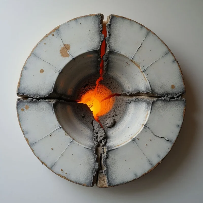 A circular, thick ceramic disc is divided into four segments by deep, irregular fissures that reveal a glowing orange core. The outer surface features a matte white texture with subtle brown speckles and fine cracks, while the interior edges appear rough and granular. A bright, warm light emanates from the center of the hollowed form, creating high contrast against the neutral, pale background.