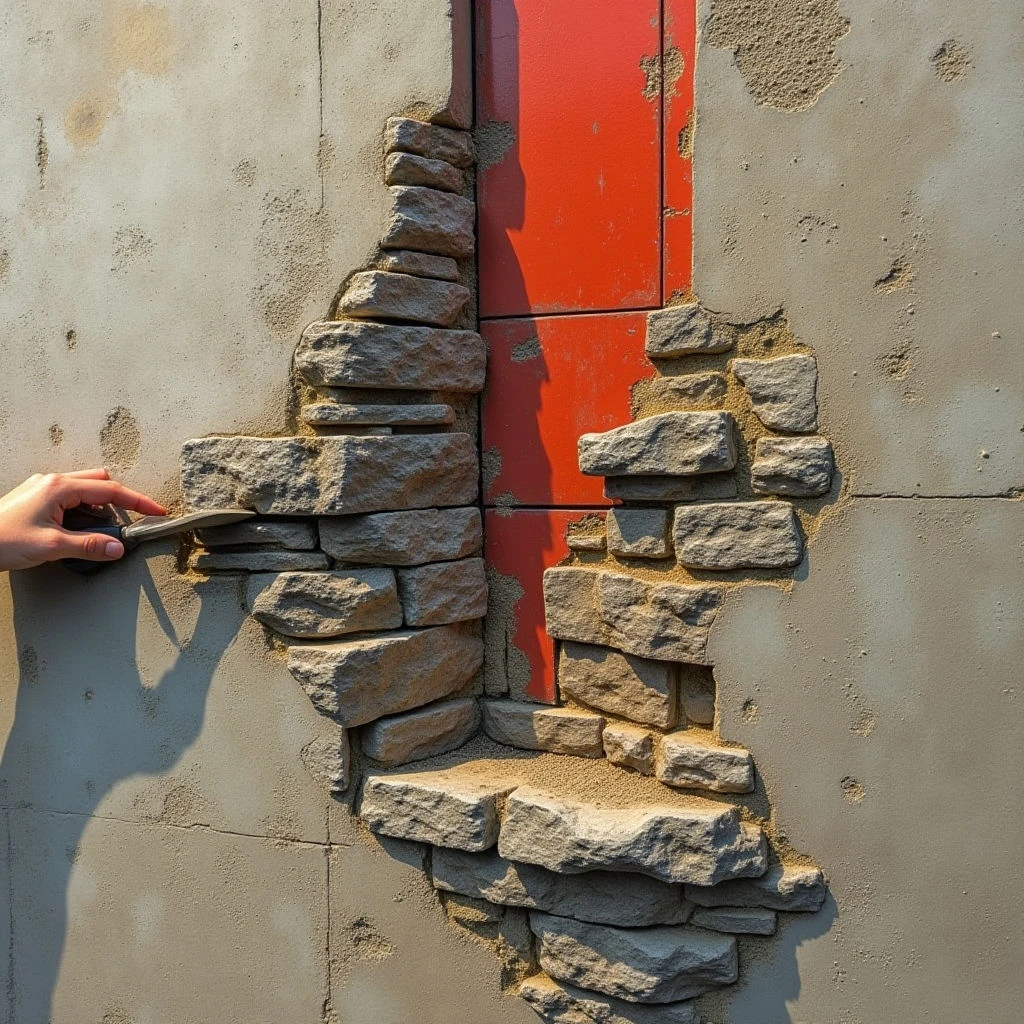 The image features a predominantly gray textured surface with an inset vertical band of bright red. Irregularly shaped stone blocks protrude from the gray background on either side of the red panel, creating a broken or fractured appearance. Strong directional light casts shadows across the surfaces, emphasizing the roughness of the stone and defining the spatial depth between the wall and the inset feature.