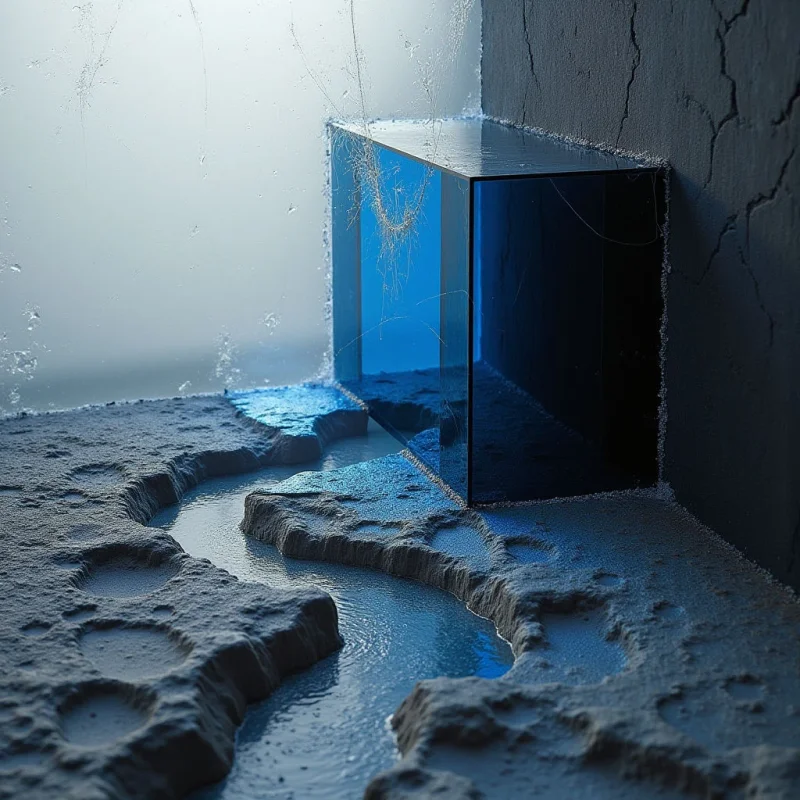 The scene is dominated by cool blue tones ranging from pale sky to deep shadow, with a rough, porous texture covering the floor and walls. A translucent cubic structure bisects the space, reflecting distorted views of its surroundings and containing delicate strands within its form. Light appears diffused and somewhat hazy, creating soft gradients and emphasizing the spatial recession into darkness beyond the cube’s opening.