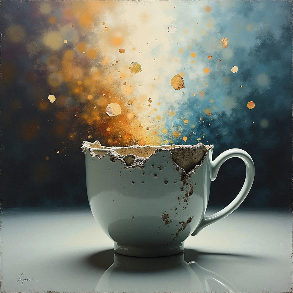 A chipped ceramic mug sits on a reflective surface, appearing broken and worn. From the shattered edge of the cup bursts an explosion of golden and blue particles, rising upwards like sparks or dust. The background is blurred with similar warm and cool tones, creating a sense of energy and transformation.