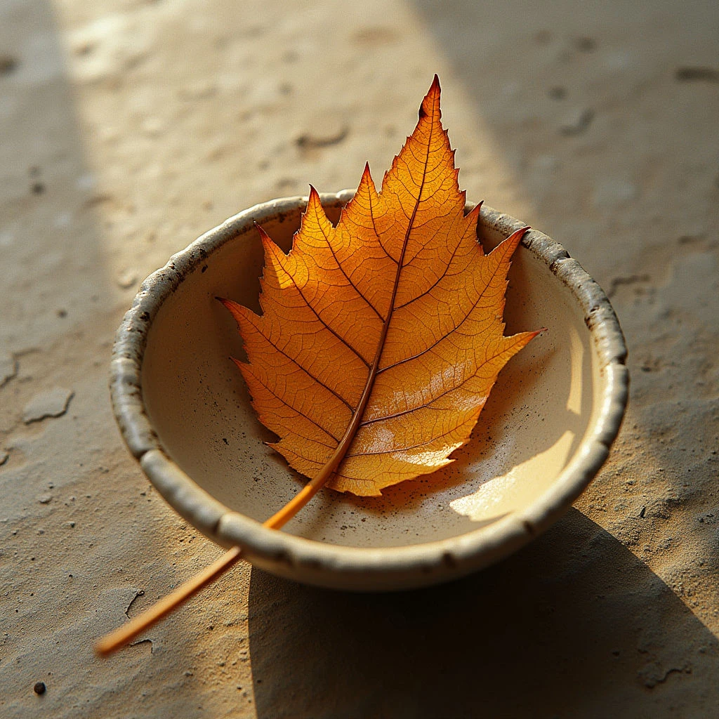 Warm tones of ochre and brown dominate the image, present in both the fallen leaf and the speckled ceramic bowl. The rough texture of the concrete surface contrasts with the smoother interior of the bowl and delicate veining of the leaf. Light falls diagonally across the scene, creating shadows that define the bowl’s shape and emphasize the central placement of the leaf within it.