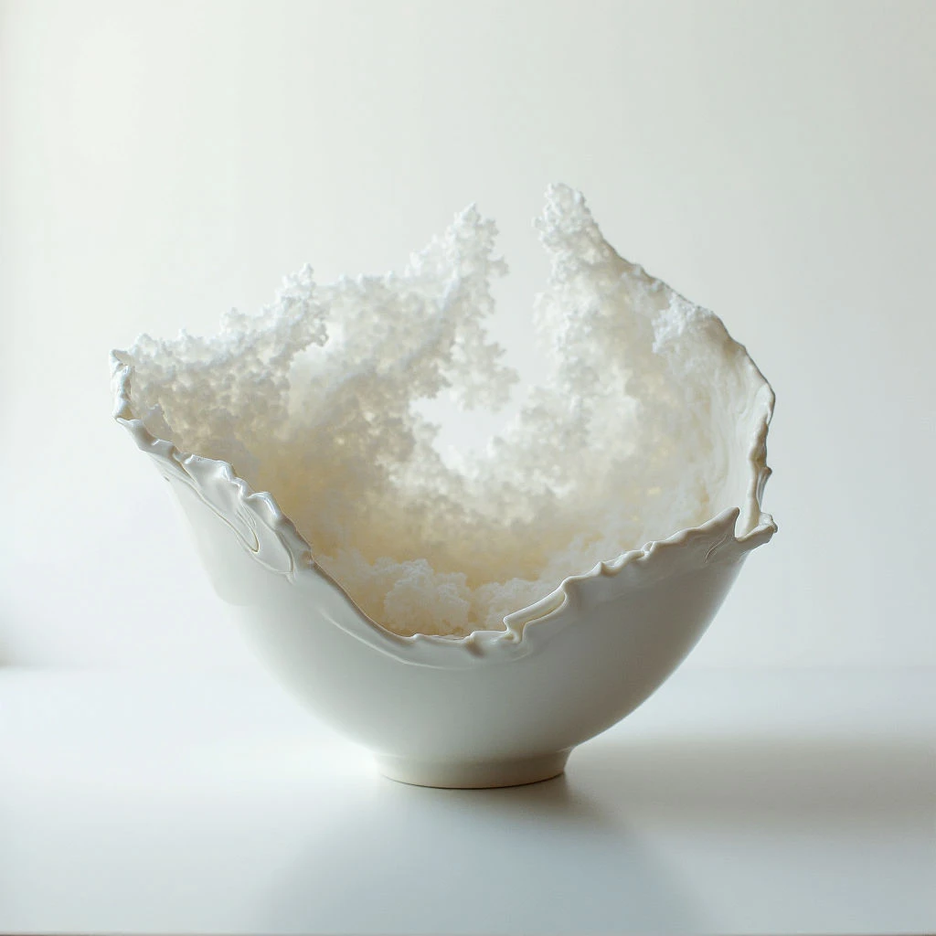 A delicate, white bowl with an undulating rim holds a frothy mass of the same material spilling upwards. The interior shape of the bowl is mirrored by the texture and form of the contents, creating a sense of organic growth. Everything rests on a smooth, pale surface against a softly lit, neutral background.