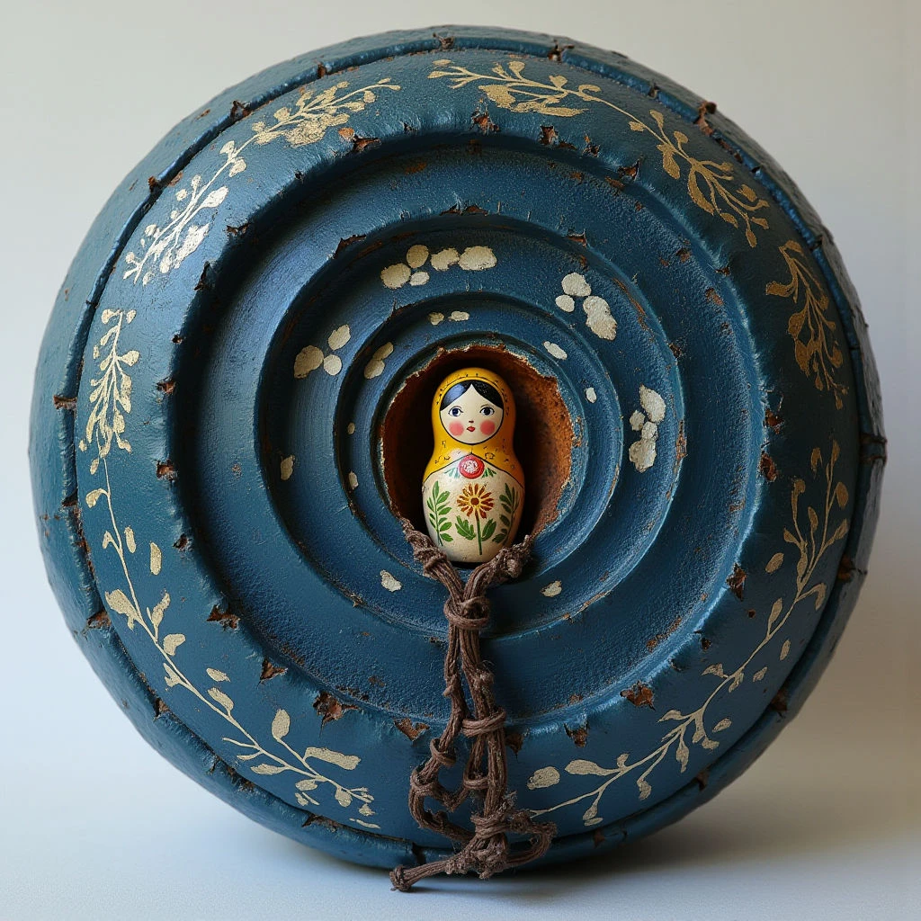 The image features a predominantly blue spherical object with concentric circular indentations leading to a central opening revealing a small wooden doll. Gold floral patterns decorate the outer surface, contrasting with the rough texture of the sphere and the smooth finish of the doll’s painted face and clothing. Light appears diffused, illuminating the scene evenly and creating soft shadows within the recessed circles, with the doll positioned as the focal point in the depth of the object.