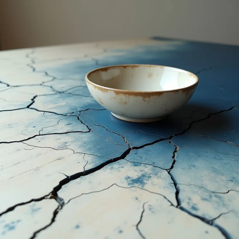 A white ceramic bowl with a textured, brown-rimmed edge sits atop a blue and white surface marked by deep, irregular cracks. The composition features smooth, rounded shapes of the bowl contrasting against the sharp, jagged lines of the fractured ground. Soft, diffused light illuminates the scene, creating subtle shadows that emphasize the depth of the crevices and the spatial relationship between the object and its base.