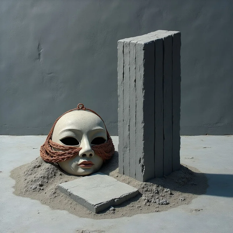 A pale, smooth mask with woven rope accents rests partially buried in a mound of coarse gray sand next to a tall, vertically ribbed rectangular monolith. The composition uses a monochromatic palette of grays and muted earth tones, set against a flat, textured wall and floor. Bright directional light creates sharp shadows, emphasizing the contrast between the rounded curves of the mask and the rigid, linear geometry of the stone structures.