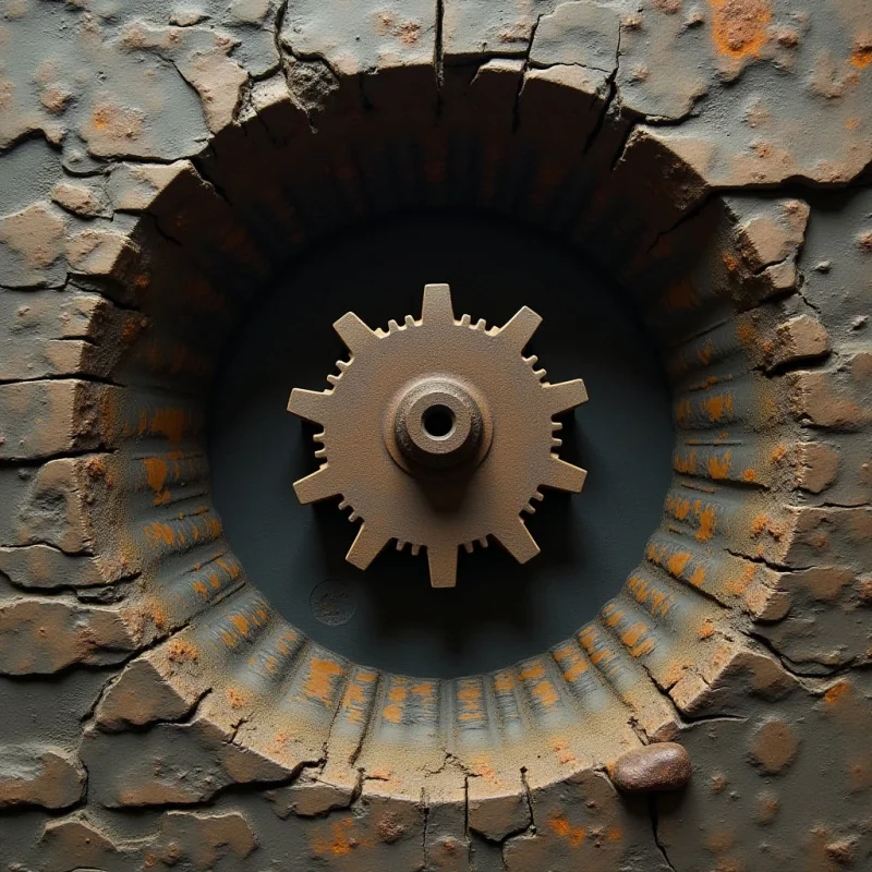 A central, notched gear is positioned within a dark, circular recessed space surrounded by thick, cracked gray material. The composition features earthy tones of slate gray and rusted orange, with textures ranging from smooth metal to coarse, crumbling stone. Light descends from above, casting soft shadows into the deep crevices and emphasizing the radial ridges around the center.