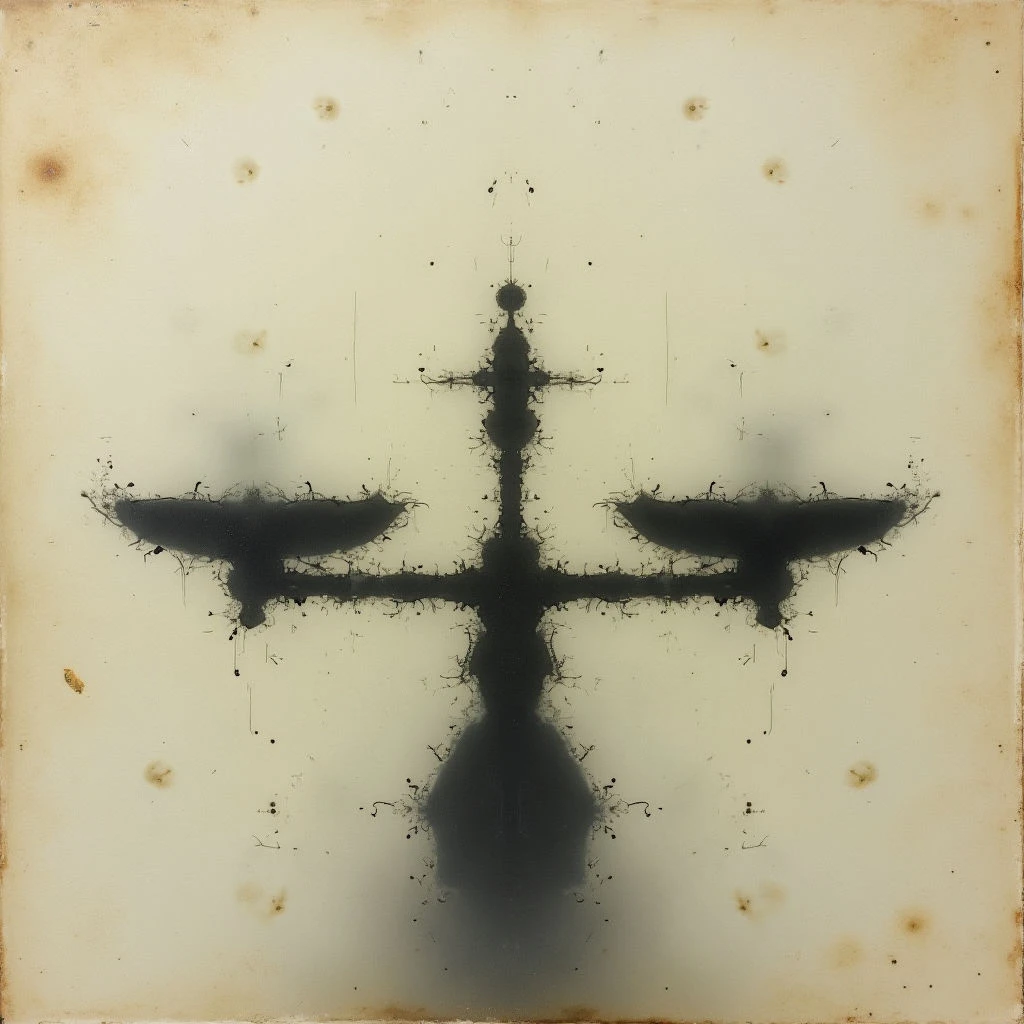 A dark, roughly cross-shaped form dominates a pale background with scattered brown spots. The shape appears blurred and organic, like ink spreading across a surface, with wispy extensions at its edges. It evokes a sense of weight or shadow against the aged, subtly textured backdrop.