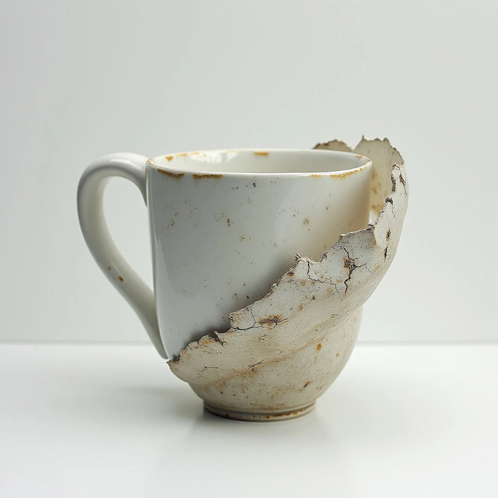 A chipped and worn white mug sits on a smooth, pale surface. A large section of the mug’s side is broken away, revealing rough, textured edges and staining along the break. The handle remains intact, contrasting with the fragility of the rest of the piece.