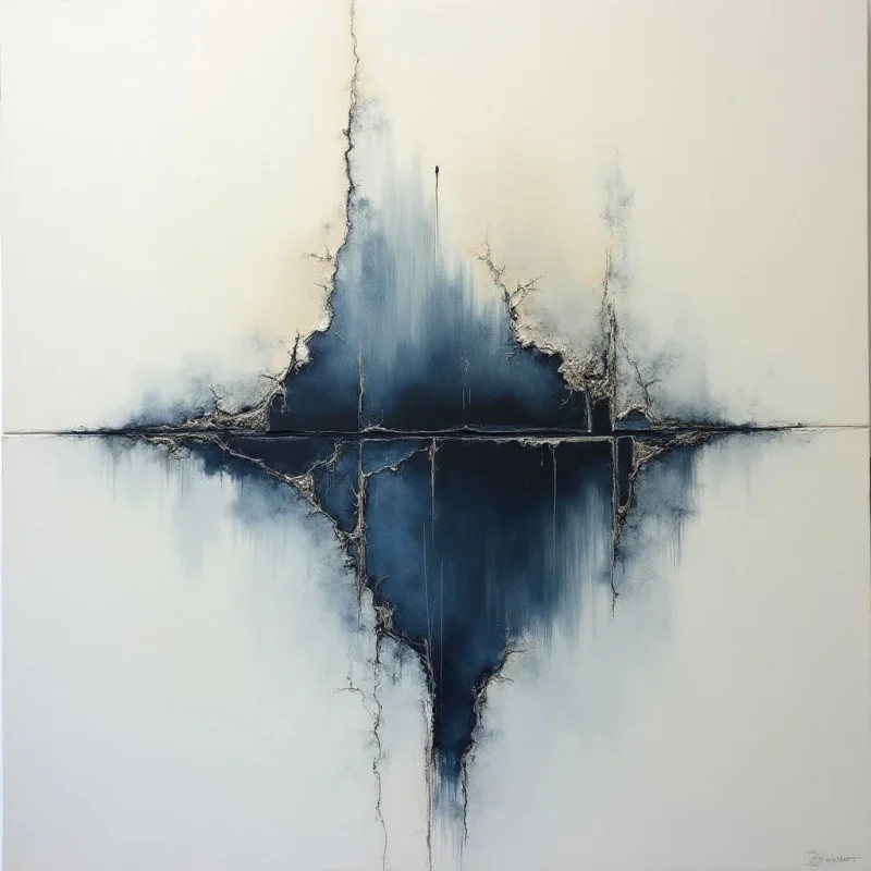 The image features a predominantly white and dark blue color palette, with subtle gradations of gray throughout. Rough, fractured lines bisect the composition vertically and horizontally, creating four quadrants filled with blurred washes of pigment and textured edges. Light appears diffused, highlighting the softness of the paint while emphasizing darker concentrations of color at the central intersections of the linear divisions.