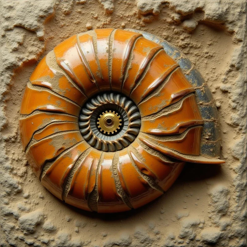 A spiraling nautilus shell in glossy ochre and deep amber tones is embedded within a coarse, sandy-beige textured surface. The shell features rhythmic, ridged segments that curve toward a central metallic gold gear, while the background consists of irregular, pitted stone shapes. Soft, diffused light creates gentle shadows within the grooves of the shell and across the uneven topography of the surrounding material.