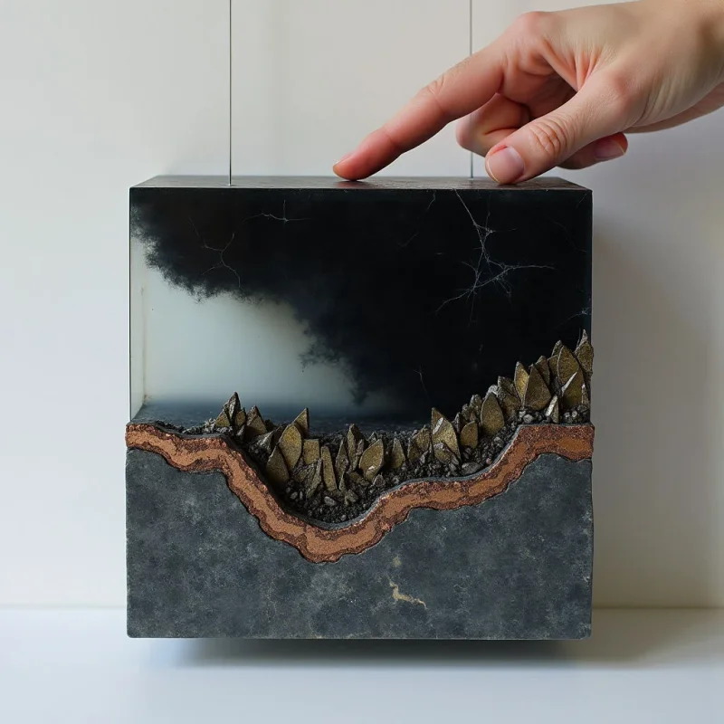 A dark, cuboid sculpture features a jagged, bronze-colored ridge of crystalline shapes set against a backdrop of swirling black and white nebulous patterns. The lower portion consists of a solid, textured grey stone base, while the upper section transitions into a smooth, deep void. A human hand reaches from the top right, with a finger pointing toward the dark surface of the cube.
