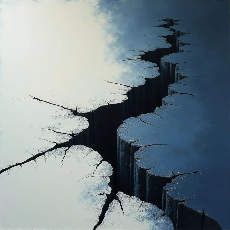A deep, dark fissure divides a surface of contrasting tones, splitting a pale, off-white expanse from a textured, slate-blue area. Jagged, branching cracks extend outward from the central chasm across both planes, creating sharp, irregular lines. The composition uses dramatic light and shadow to emphasize the vertical depth and rough, craggy edges of the split.