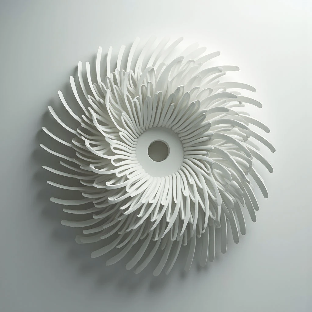 A swirling, white abstract form dominates the center of the frame, resembling a blossoming flower or sea anemone. Hundreds of curved, petal-like shapes radiate outwards from a central hollow opening. Soft shadows suggest a gentle light source and emphasize the three-dimensional texture of the sculpture against a pale background.