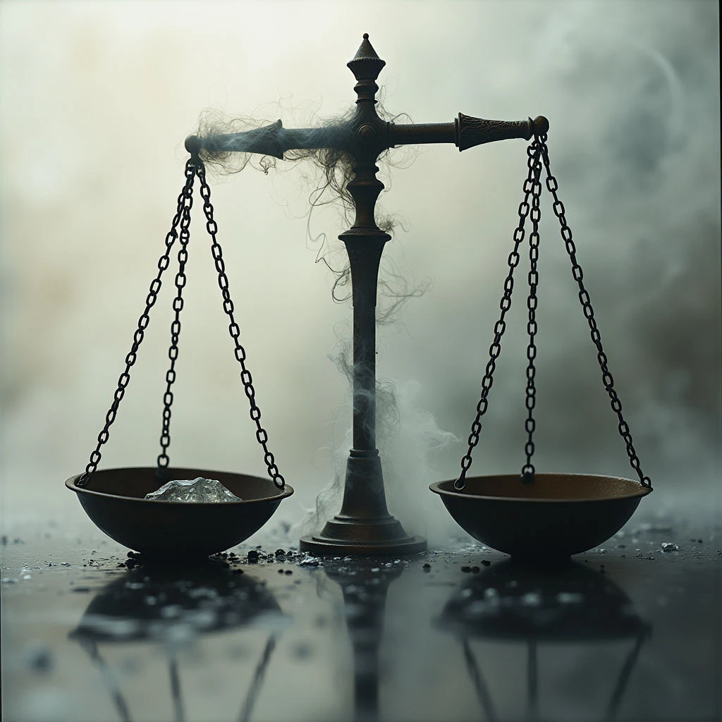 An antique scale sits on a dark, reflective surface littered with broken glass. One pan holds a small collection of shimmering shards, while the other remains empty. Wisps of smoke rise from the central beam, obscuring the balance and suggesting something lost or decaying.