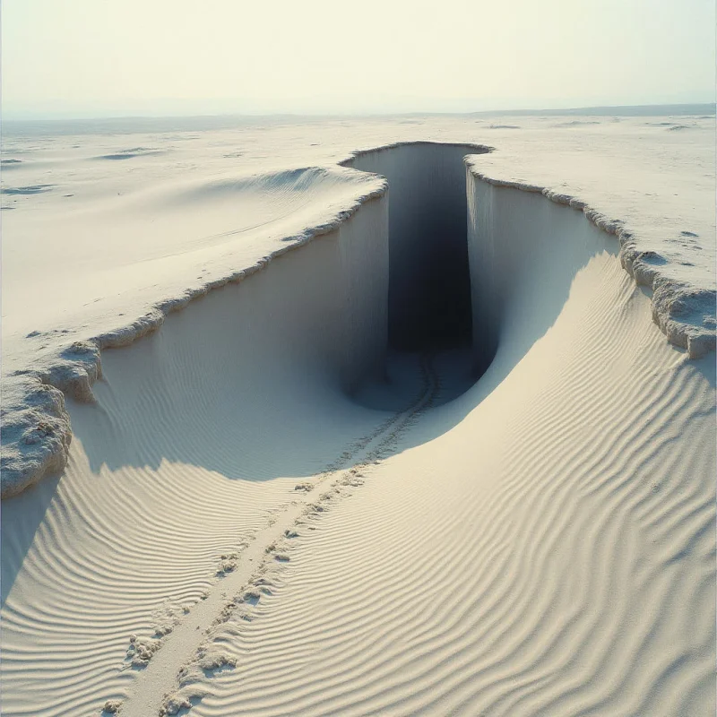 The image is dominated by pale beige and white tones of sand, with a stark contrast created by a dark, shadowed void in the center.  Rippled textures cover the majority of the scene, converging towards the central opening, while the edges of the hole exhibit rougher, more fragmented formations. Light appears to come from above and slightly behind the viewer, casting long shadows that emphasize the depth of the chasm and its surrounding dunes.