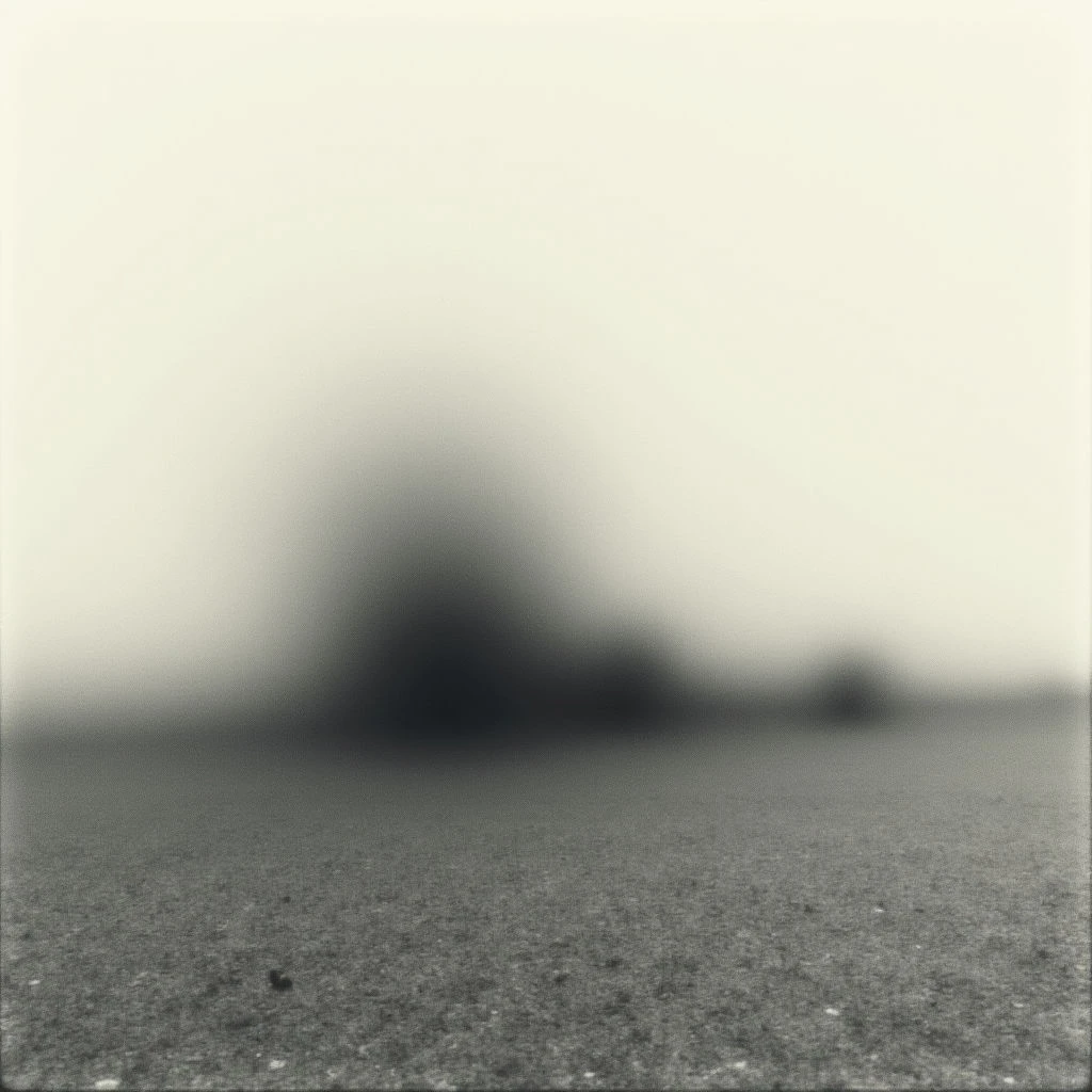 A dark, indistinct shape sits on a flat, grainy surface under a pale sky. The overall image is soft and blurred, making it difficult to discern precise details of the land or object present. It evokes a sense of quiet isolation and muted atmosphere.