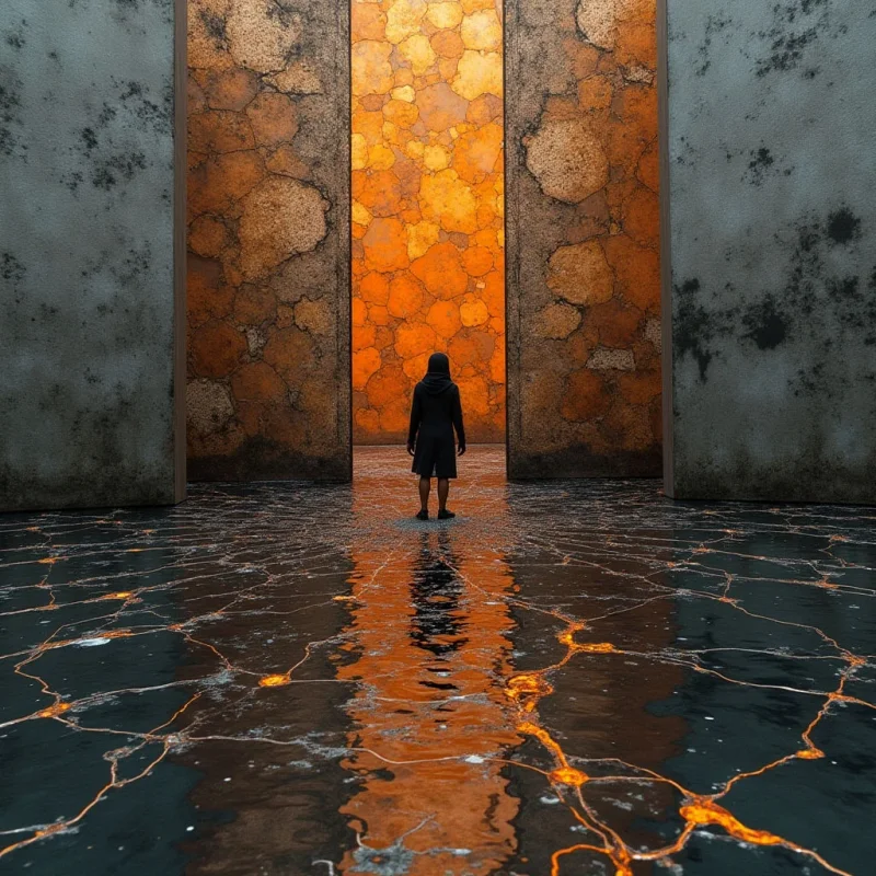 A dark silhouette stands centered before a towering opening that reveals an orange, cellular-textured backdrop of glowing amber cells. The scene is framed by large, grey concrete slabs with mottled textures, contrasting against a reflective black ground webbed with veins of fiery light. Light emanates from the central golden void and the cracks in the floor, casting a vertical reflection beneath the figure.