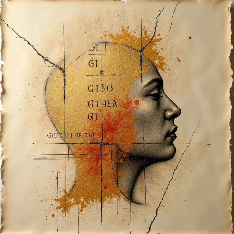 A profile of a human face is rendered in grayscale against a textured, parchment-colored background featuring fine cracks and splatters. Golden ochre washes and dark red stains overlap the head, creating an organic contrast with the sharp, black geometric lines and lettering. Light appears diffused across the surface, emphasizing the smooth contours of the skin and the weathered quality of the paper.