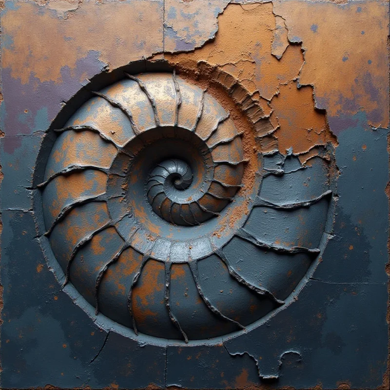 A large, spiral ammonite shell is carved in relief against a textured, multi-toned background of slate blue and rusted ochre. The composition features rhythmic, curved ridges that radiate from a central point, creating deep shadows and bright highlights along the raised surfaces. Jagged edges where the colors meet suggest a weathered or decaying stone surface.