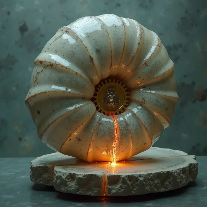 A large, ribbed white sphere with a glossy, cracked texture sits atop a rough, circular stone platform. Warm orange light emanates from a central mechanical gear and a vertical fissure, contrasting against the cool, muted grey tones of the background. The composition is centered, creating a direct spatial relationship between the illuminated object and its textured base.