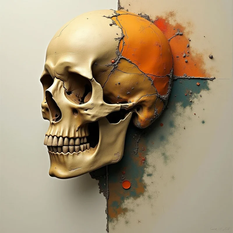 A human skull is split vertically, featuring a smooth cream-colored left side and an orange, cracked textured right side. Splatters of orange and dark teal pigment erupt from the fractured section against a neutral light gray background. The composition uses sharp anatomical shapes contrasted with organic, granular textures and uneven spatial distribution.