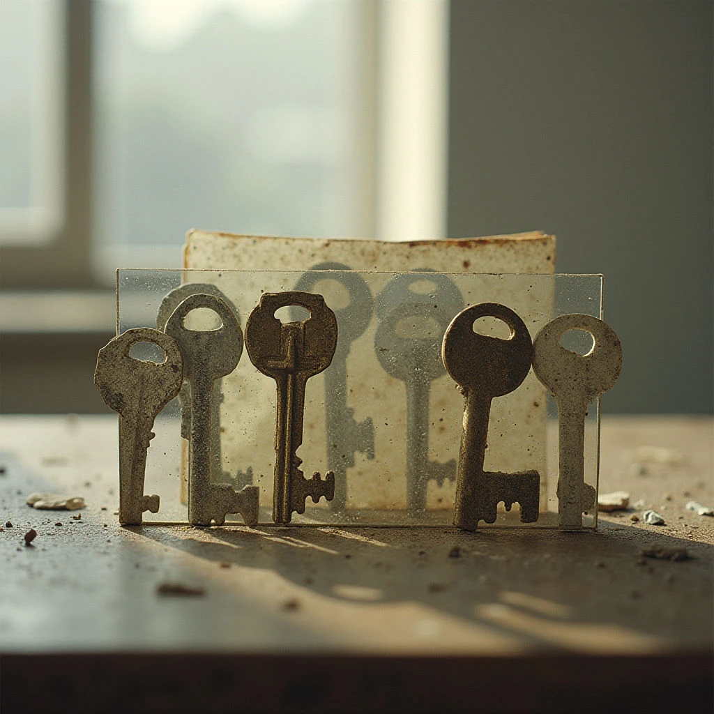 The image features a muted color palette dominated by browns and grays with subtle variations in tone. Five antique keys stand vertically against a transparent rectangular panel, layered behind several aged pieces of paper; all rest on a textured wooden surface scattered with small debris. Light enters from the left, casting long shadows that stretch across the table and highlighting the metallic texture of the keys while creating soft reflections on the surfaces.