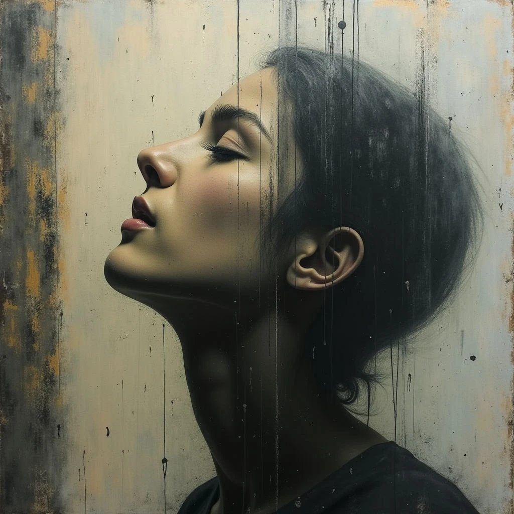 A woman’s face is shown in profile, her eyes closed and head tilted upwards as if lost in thought or receiving light. Dark streaks run vertically down the canvas, partially obscuring her features and creating a sense of fragmentation. The background is a textured mix of gray and gold tones, lending an ethereal quality to the portrait.