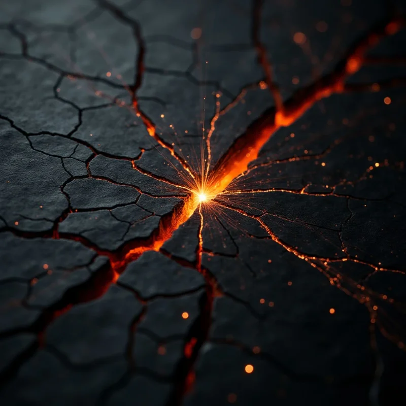 A dark, fractured surface of matte black material is split by a glowing orange fissure that radiates intense light from a central point. Fine, luminous lines branch out from the main crack like veins across the textured, cracked landscape. The composition features high contrast between the deep shadows of the jagged terrain and the bright, warm illumination emanating from within the crevices.