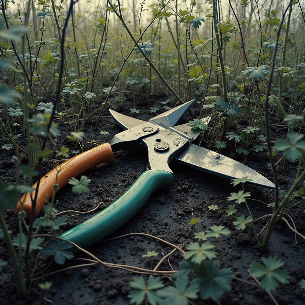 A pair of gardening shears lies discarded amongst dark, damp soil and low-growing weeds. The handles are a striking orange and teal, contrasting with the muted greens and browns of the surrounding plants. Sunlight filters through the foliage, illuminating the blades and casting long shadows on the ground.