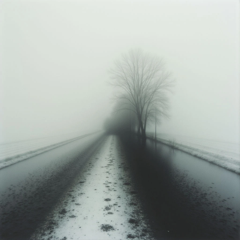 A long, straight road stretches into a dense fog, obscuring the horizon. Bare trees stand starkly against the muted gray landscape along both sides of the path. The ground appears damp and possibly snow-covered, adding to the scene’s quiet, desolate atmosphere.