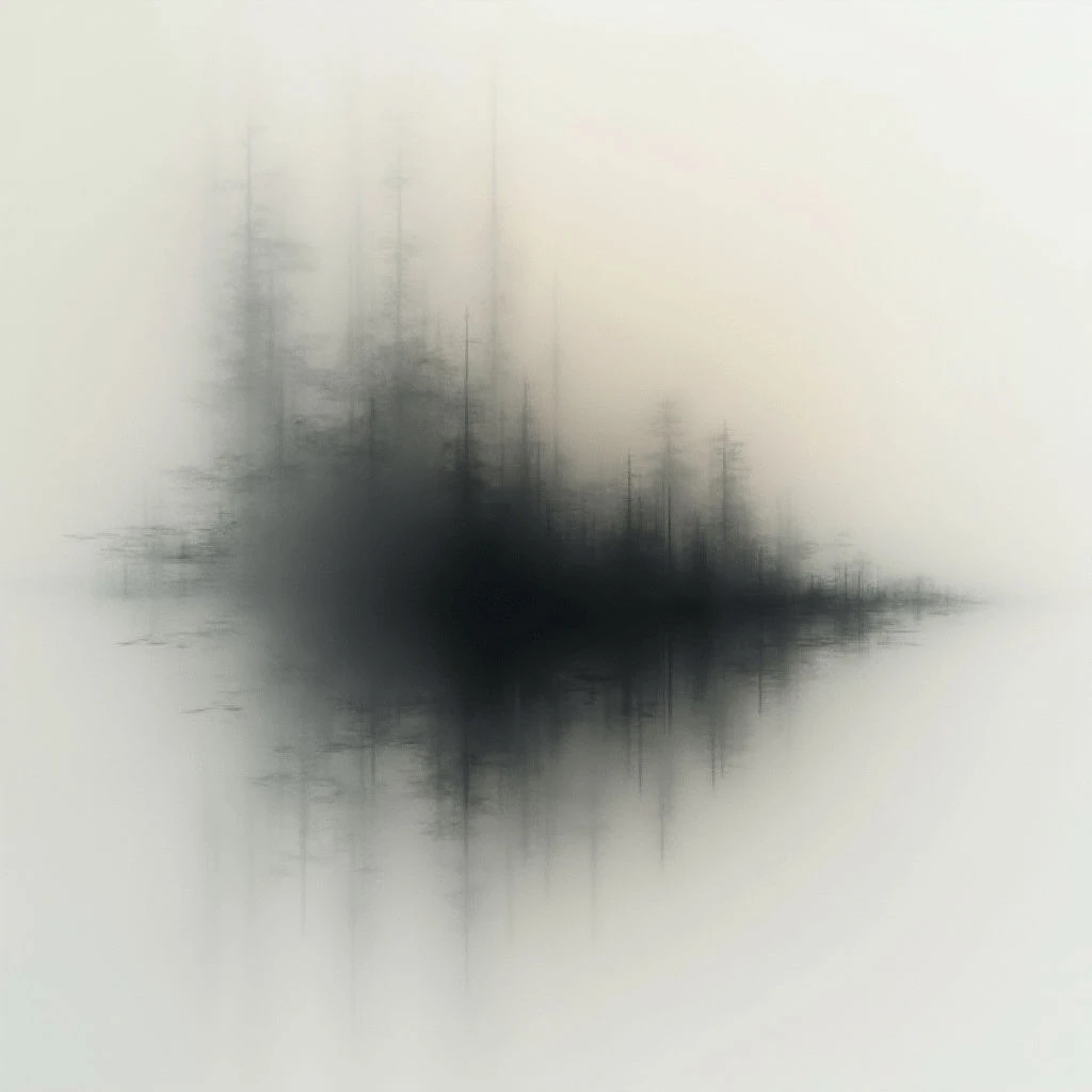 A dark cluster of trees rises from still water, barely distinguishable against a thick, enveloping fog. The reflection below mirrors the shapes above, creating a symmetrical and ghostly image. The overall effect is one of quiet isolation and muted tones, with little contrast beyond the silhouette of the forest.