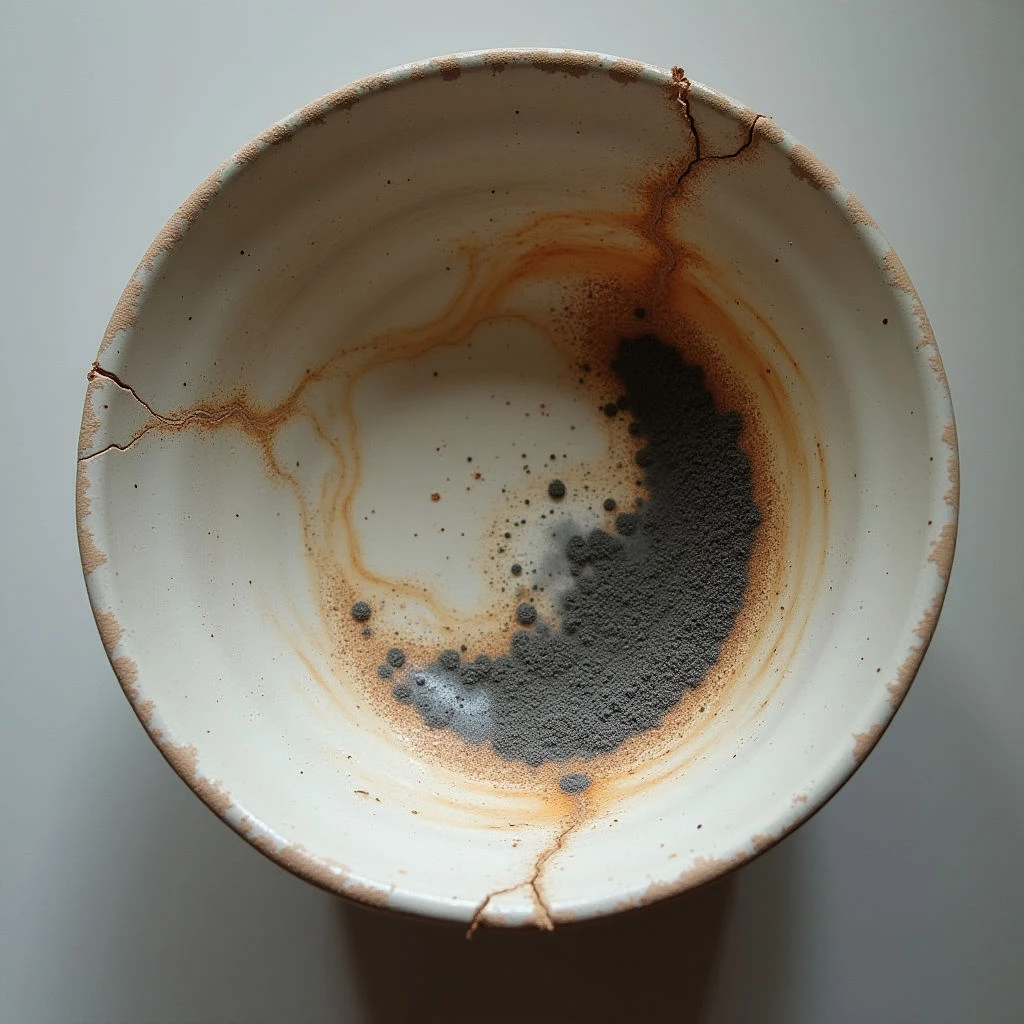 The image depicts a shallow bowl with a cream-colored interior and a tan rim, exhibiting visible cracks and worn texture throughout. A dark gray, granular substance is concentrated at the base of the bowl alongside rings of brownish residue, contrasting with the lighter tones. Light falls unevenly across the surface, creating highlights on the curved form and shadows within the central area.