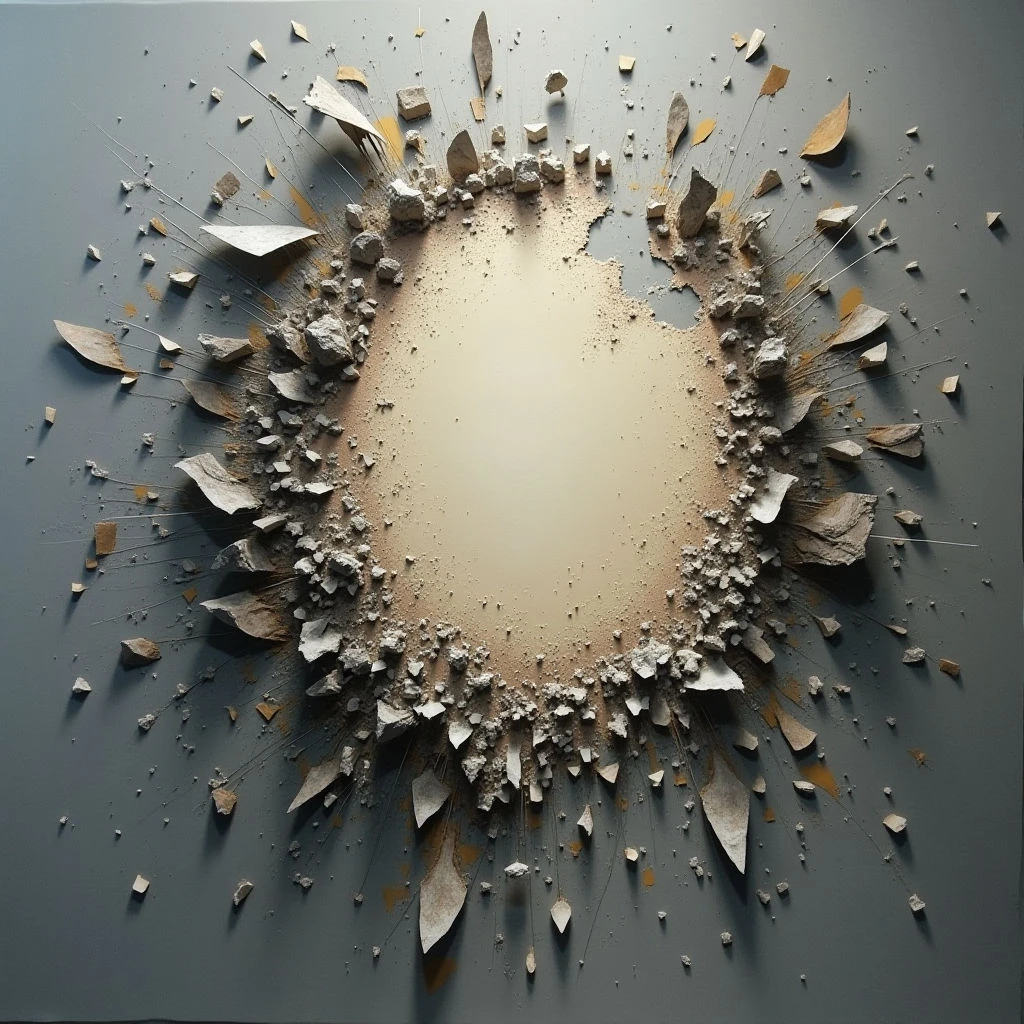 A circular hole has been blasted through a smooth, gray surface, leaving jagged edges and scattered debris. Fragments of the broken material radiate outward from the opening, with smaller particles and thin splinters extending further away. Beyond the hole is a bright, undefined space, suggesting something lies on the other side.