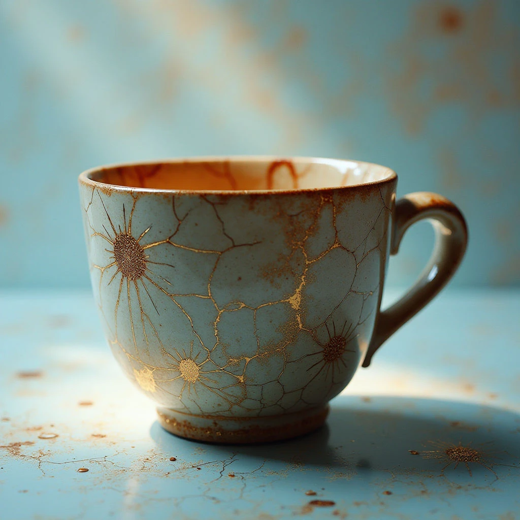 The image features a ceramic mug with a pale blue and brown color scheme, adorned with golden starburst patterns connected by a network of fine cracks across its surface. The texture appears rough and aged on the mug itself, contrasting with the smoother sheen of the gold detailing; the background is a similarly hued, mottled surface. Soft light illuminates the mug from the left, creating subtle shadows that define its rounded form and placement on a flat plane.