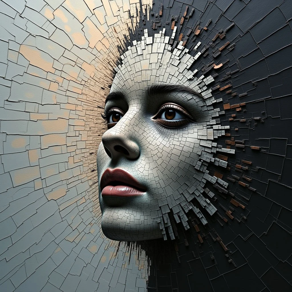 A woman’s face is partially constructed from fragmented, tile-like pieces that seem to be breaking away into darkness. One side of her face appears complete and smooth, while the other dissolves into a chaotic array of rectangular blocks extending outwards. Her eyes are open and focused, contrasting with the deconstruction surrounding her.