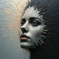 A woman’s face is partially constructed from fragmented, tile-like pieces that seem to be breaking away into darkness. One side of her face appears complete and smooth, while the other dissolves into a chaotic array of rectangular blocks extending outwards. Her eyes are open and focused, contrasting with the deconstruction surrounding her.