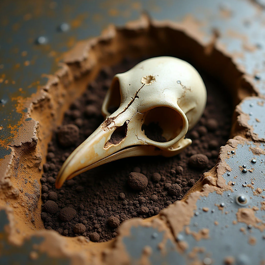The image centers on a small, off-white bird skull resting within a rough, circular indentation. Surrounding the skull is dark brown granular material contained by an unevenly textured border of reddish-brown, crumbling substance against a metallic gray background. Light appears to come from above and slightly to the left, casting subtle shadows within the skull’s eye sockets and highlighting variations in texture across all elements.