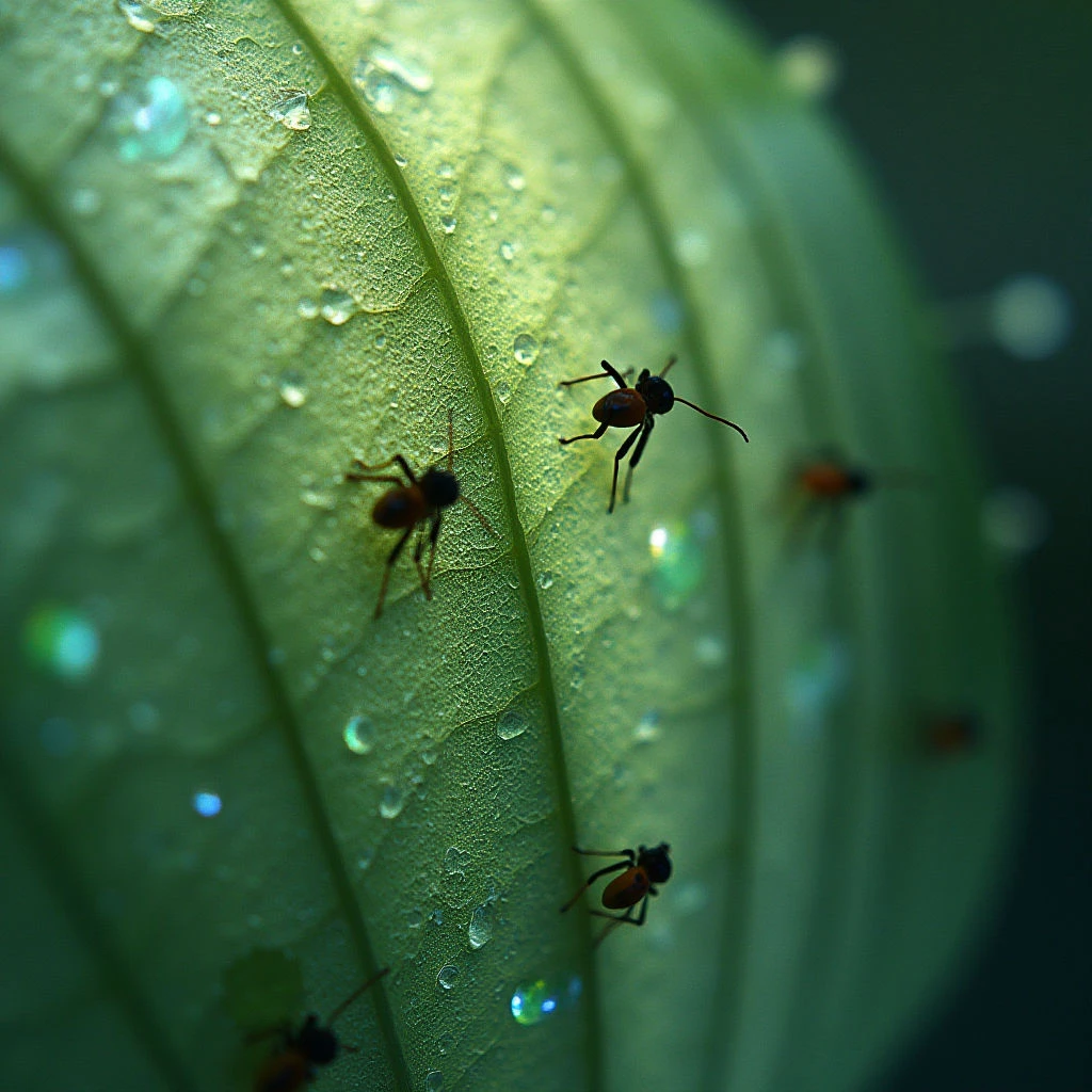 Several small, dark ants crawl across the surface of a large, green leaf. Water droplets cling to the leaf’s veins, reflecting blurred spots of light. The leaf curves and fills most of the frame, creating a close-up view of this tiny insect world.