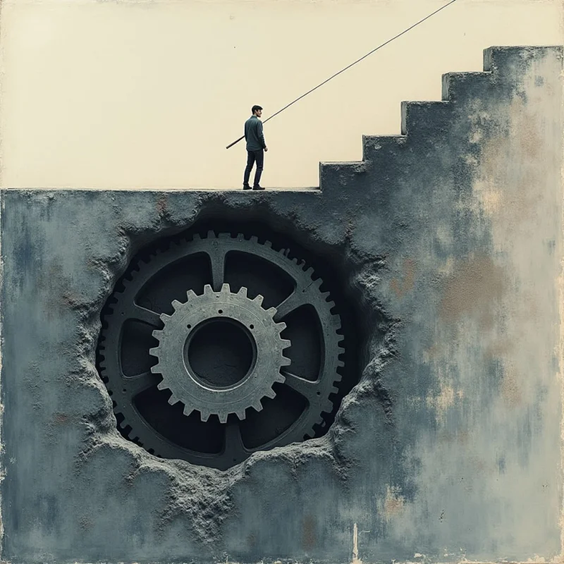A large, dark grey gear is embedded within a jagged, circular opening in a textured, weathered blue wall. A lone figure stands atop the flat surface of the wall near a set of stepped, geometric edges that lead toward a pale, featureless sky. A single thin line extends diagonally from the figure upward across the minimalist composition.